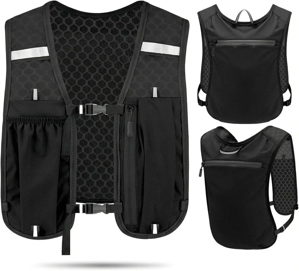 Black honeycomb-patterned vest with multiple pockets and reflective stripes, shown from different angles.