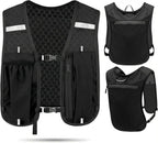 Black honeycomb-patterned vest with multiple pockets and reflective stripes, shown from different angles.
