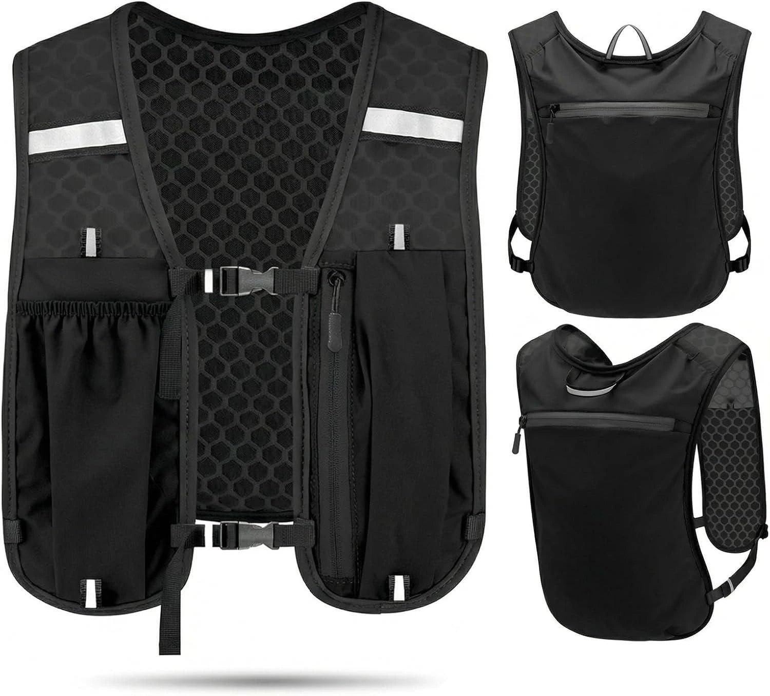 Black honeycomb-patterned vest with multiple pockets and reflective stripes, shown from different angles.