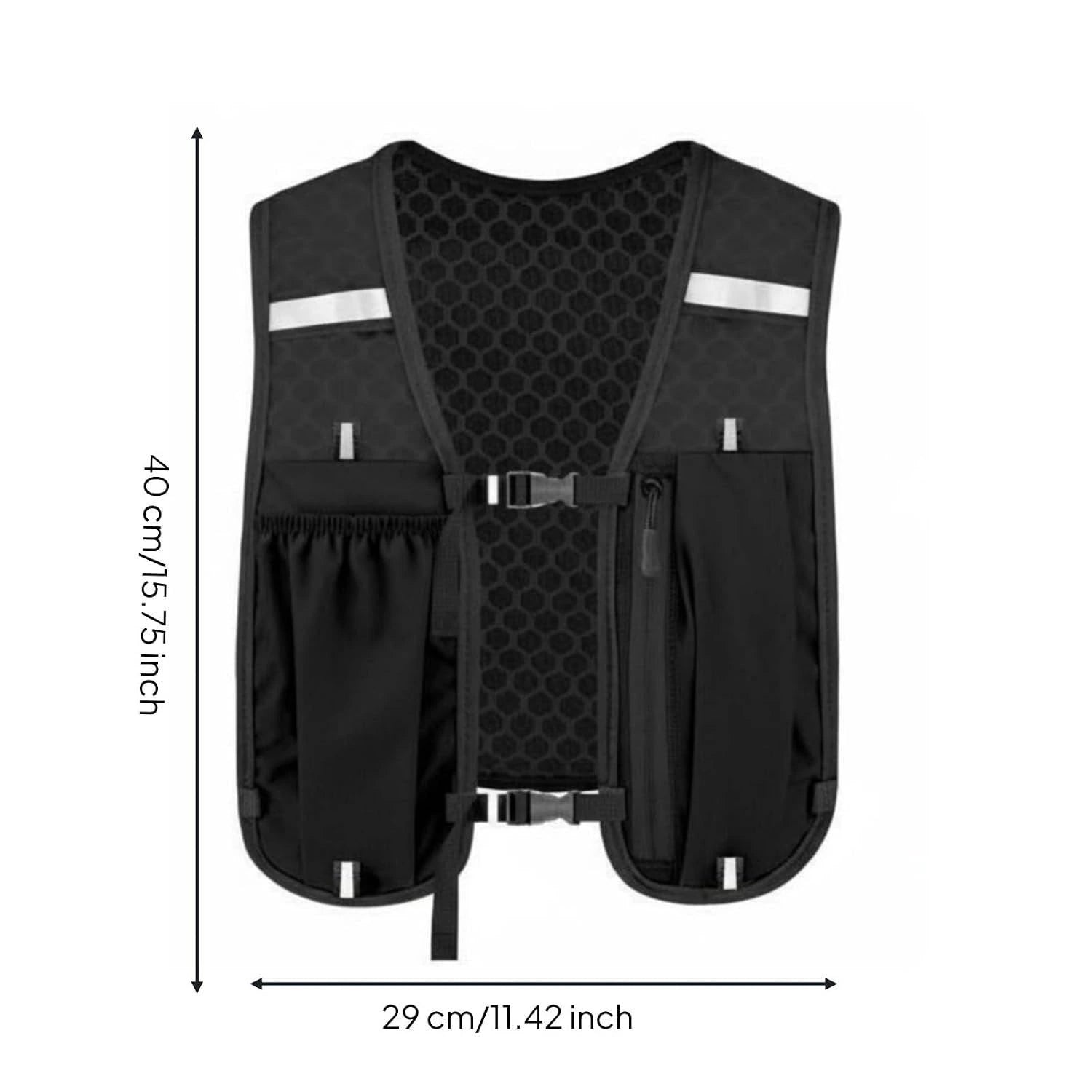 Black cycling jersey vest with reflective silver stripes and multiple front pockets, shown with dimension lines indicating 40 cm height and 29 cm width on a white background.